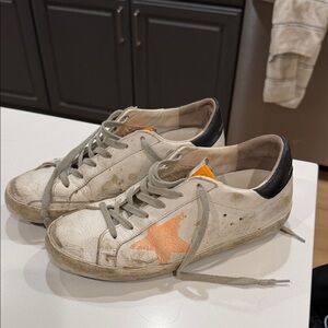 Golden Goose White Leather Sneakers with Orange Star Accent